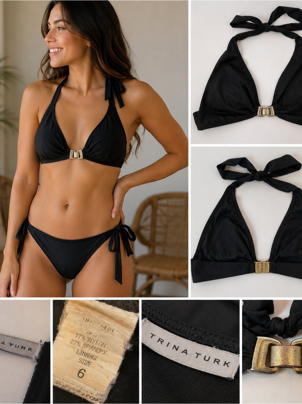 Trina Turk Black Halter Bikini Top Gold Hardware Size 6 (top only, no bottom)